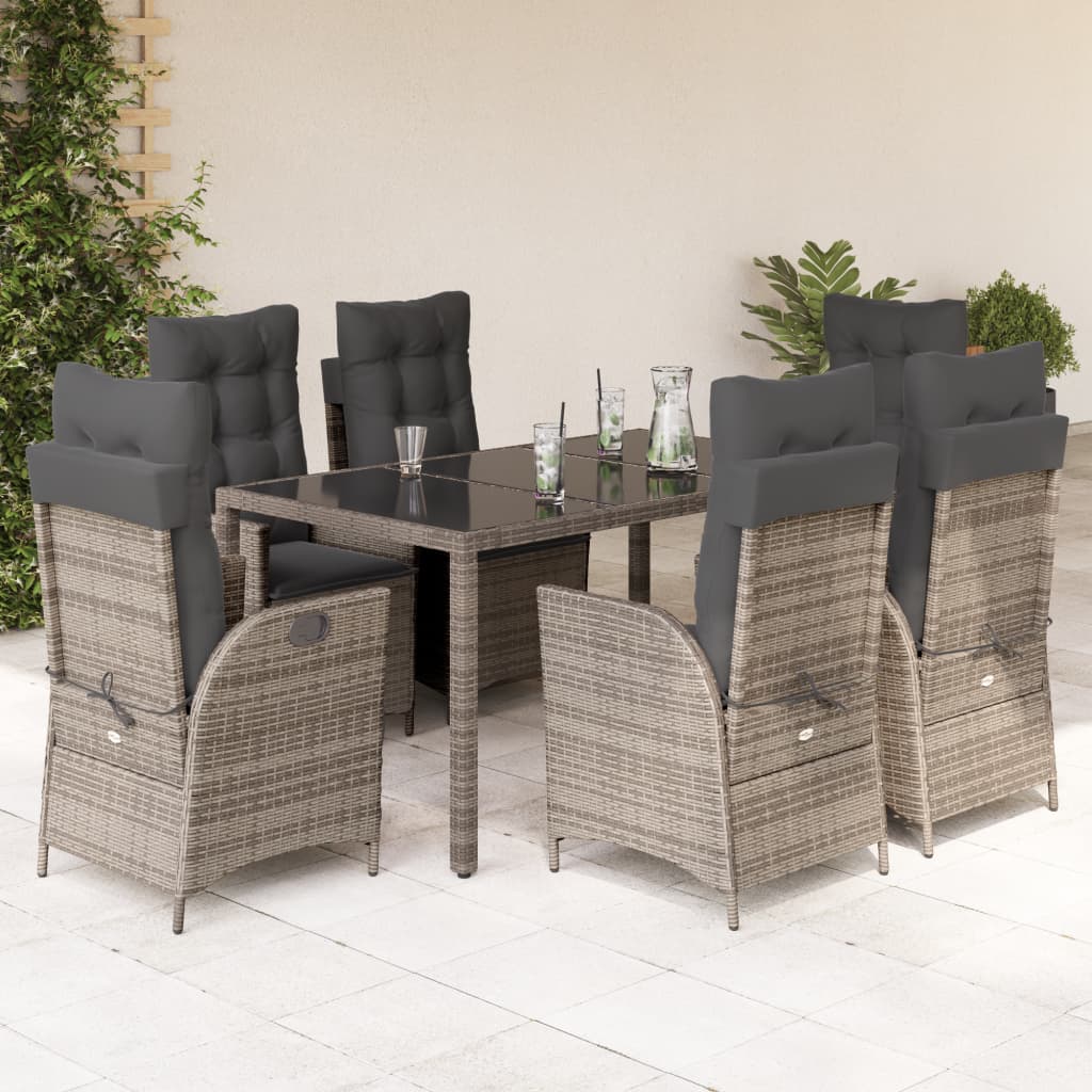 7 Pcs conjunto de jantar p/ jardim c/ almofadões vime PE cinza