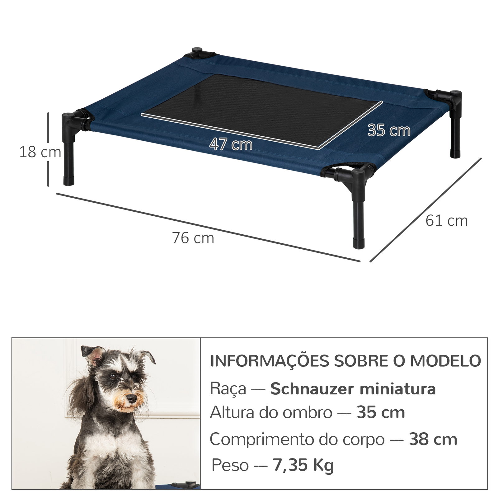 Cama para animais de estimação cama elevada para cães gatos com tecido transpirável para dormir exterior jardim terraço 76x61x18cm azul