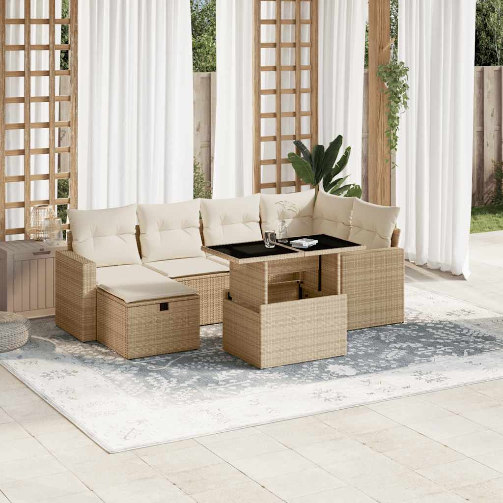 7 Pcs conjunto de sofás p/ jardim com almofadões vime PE bege