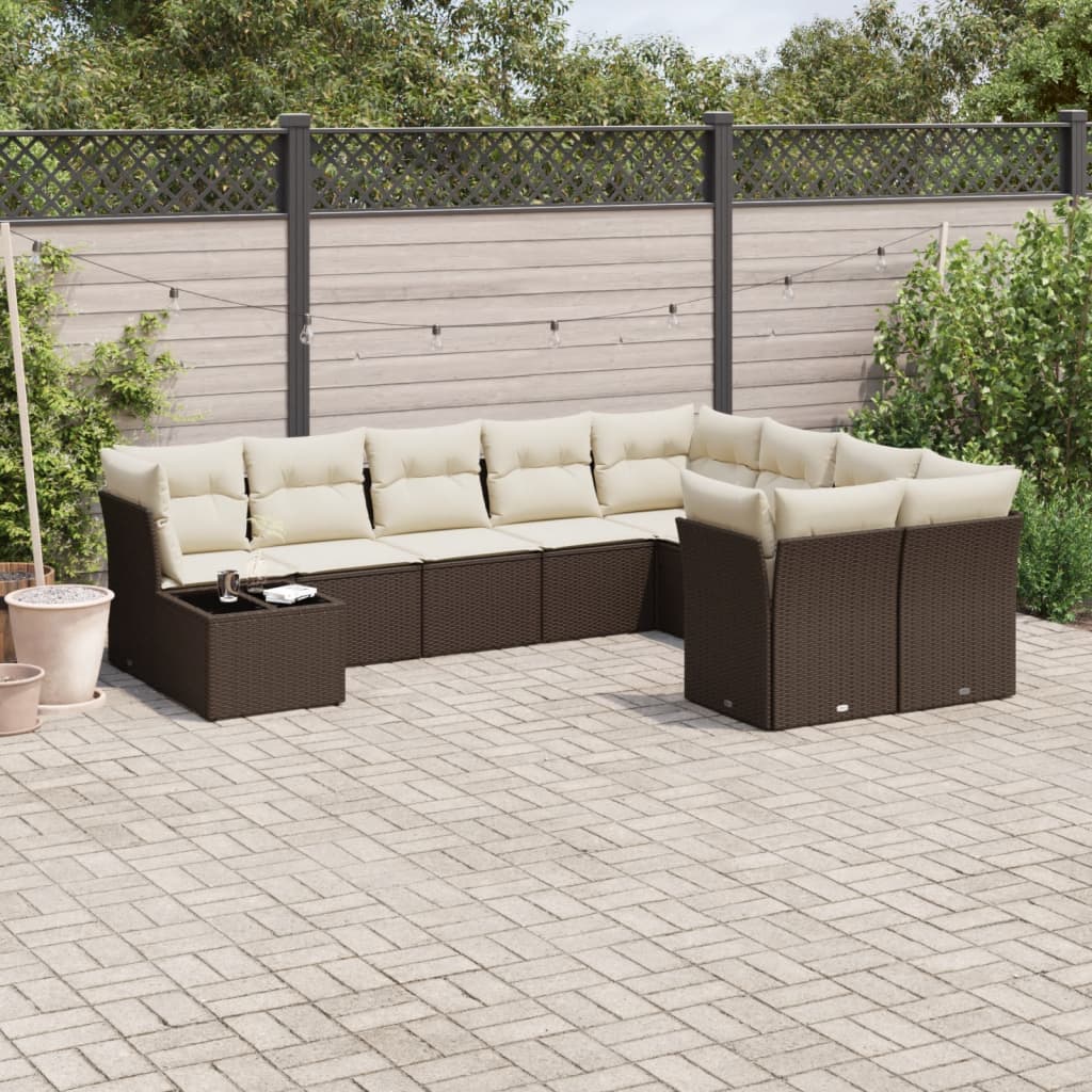 10 Pcs conj. sofás jardim com almofadões vime PE castanho