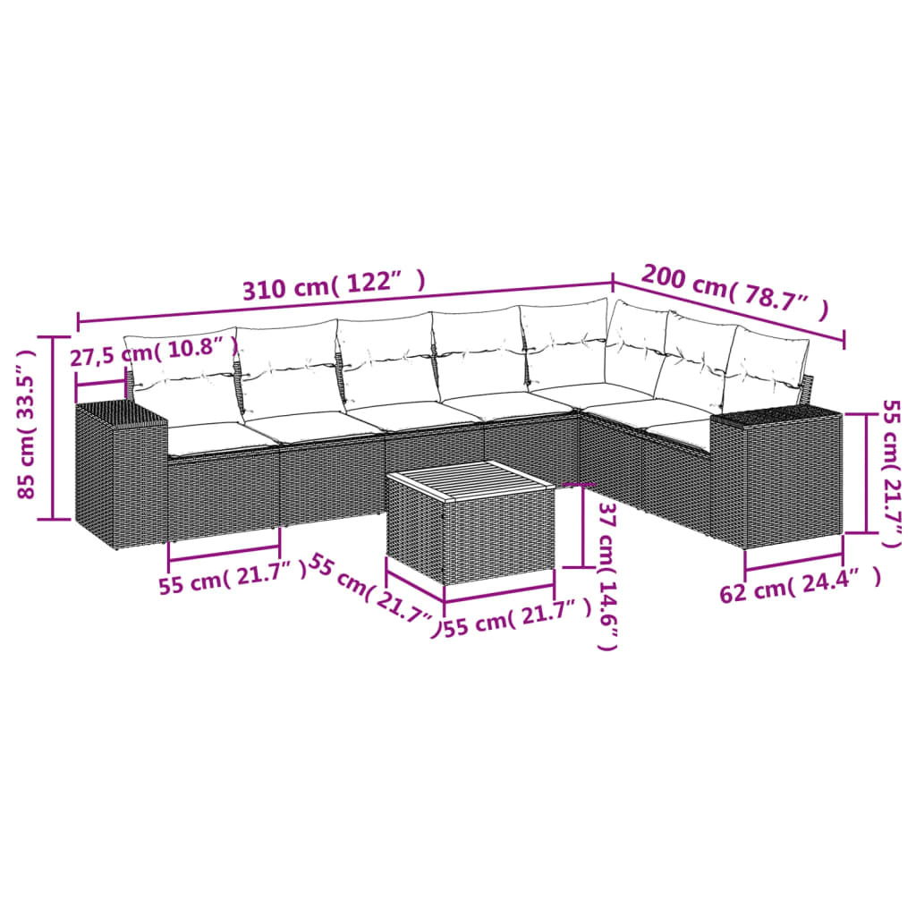 8 Pcs conjunto sofás de jardim c/ almofadões vime PE cinzento