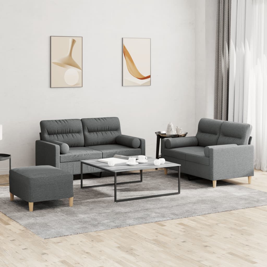 3 Pcs conjunto de sofás com almofadas tecido cinzento-escuro