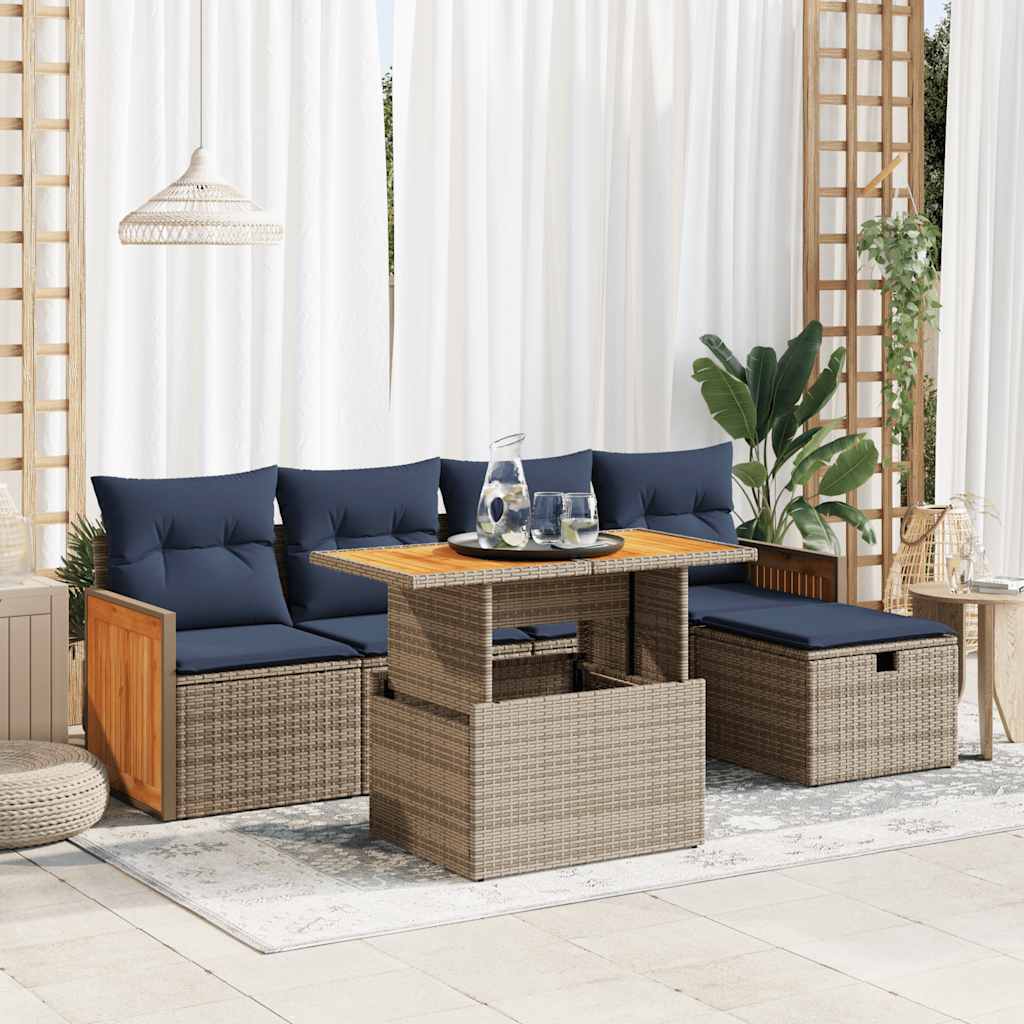6 Pcs conjunto sofás jardim com almofadões PE/acácia cinzento