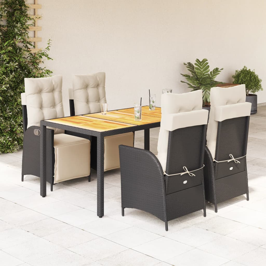 5 Pcs conjunto de jantar p/ jardim c/ almofadões vime PE preto