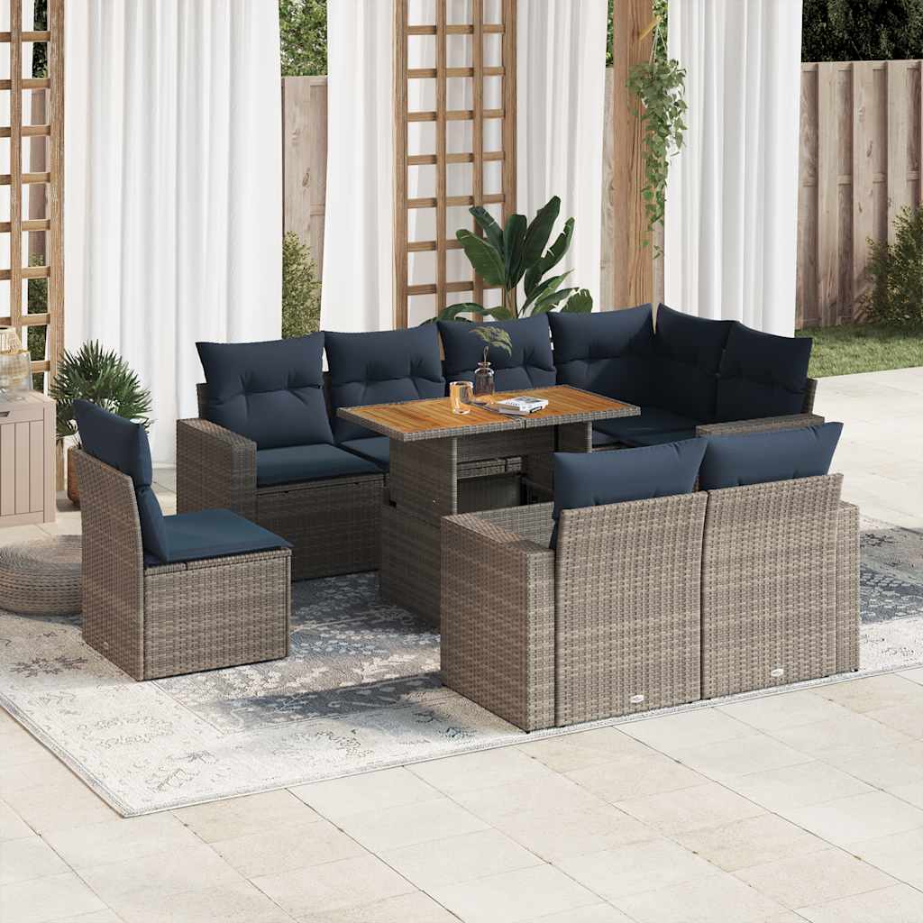 9 Pcs conjunto sofás p/ jardim com almofadões vime PE cinzento