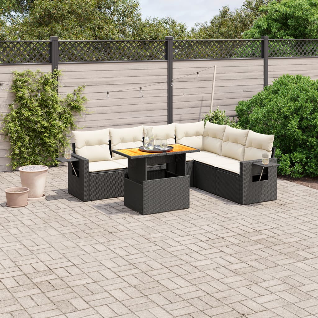 7 Pcs conjunto de sofás p/ jardim c/ almofadões vime PE preto