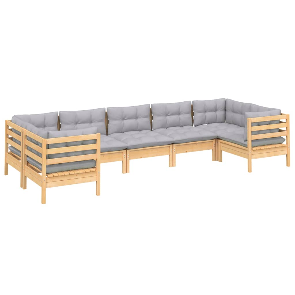 7 Pcs conjunto lounge de jardim c/ almofadões cinzentos pinho