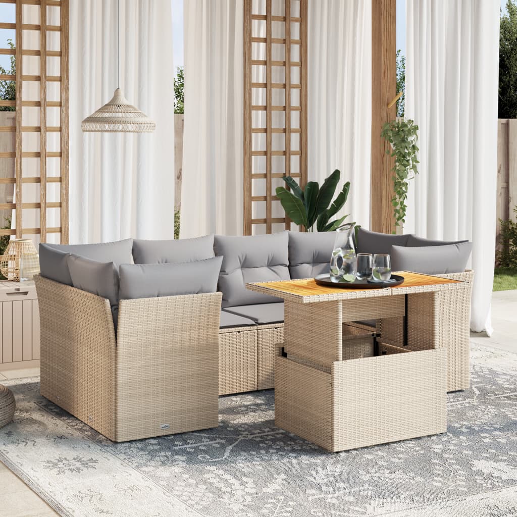 7 Pcs conjunto de sofás p/ jardim com almofadões vime PE bege