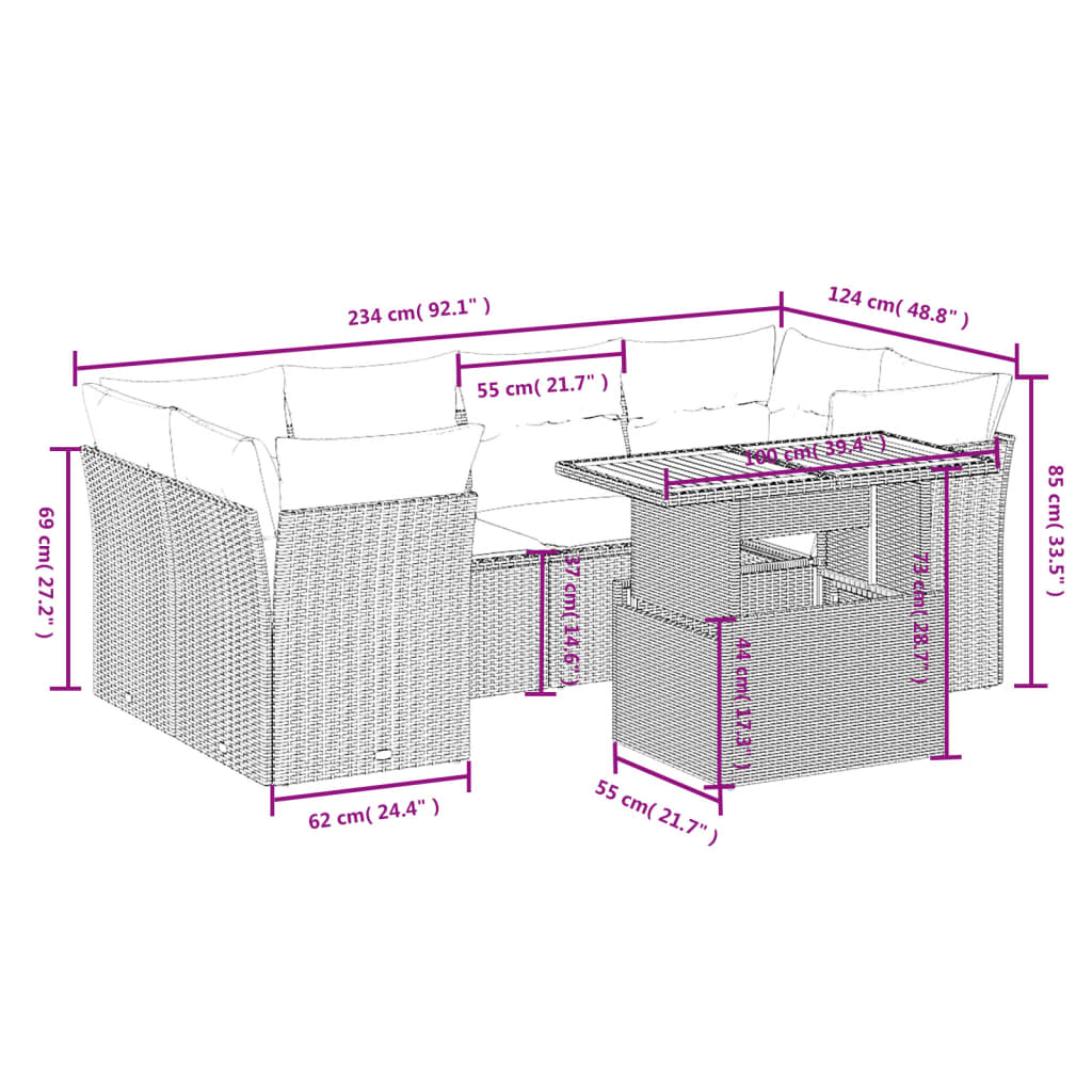 7 Pcs conjunto de sofás p/ jardim com almofadões vime PE bege