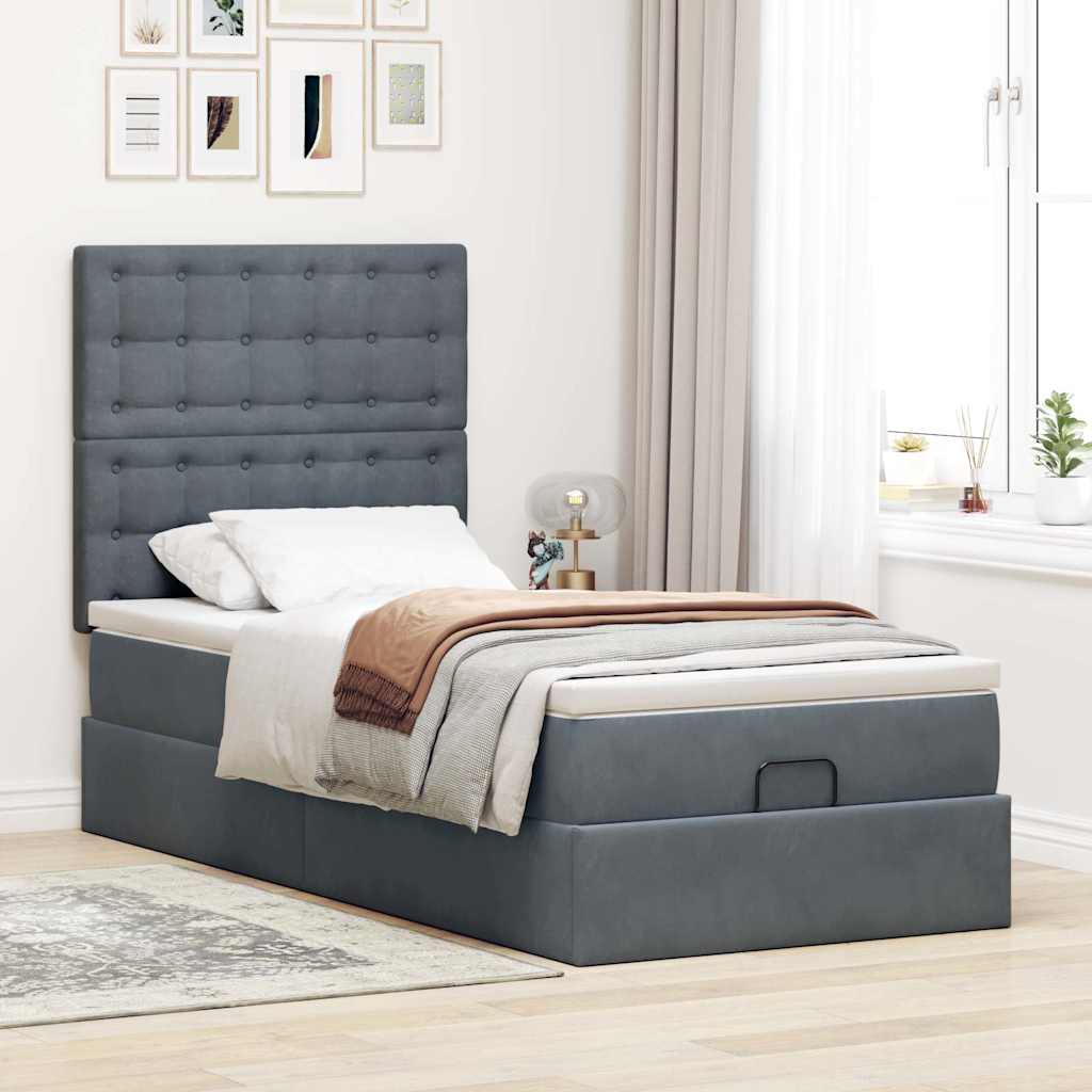 Moldura de cama otomana com colchões cinza escuro veludo