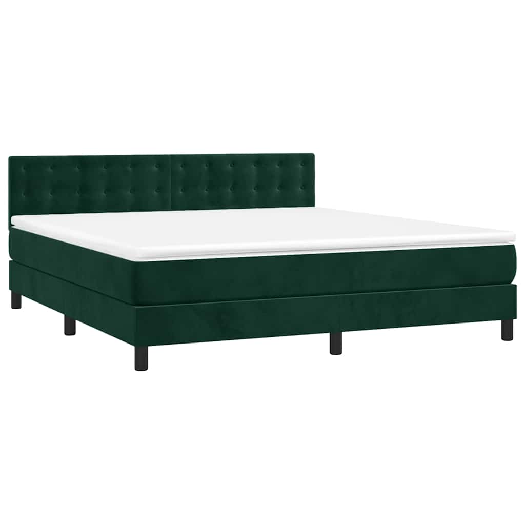 Cama box spring c/ colchão/LED 160x200 cm veludo verde-escuro