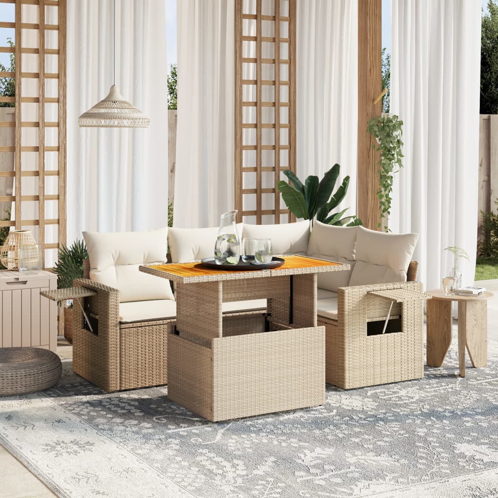 5 Pcs conjunto de sofás p/ jardim com almofadões vime PE bege