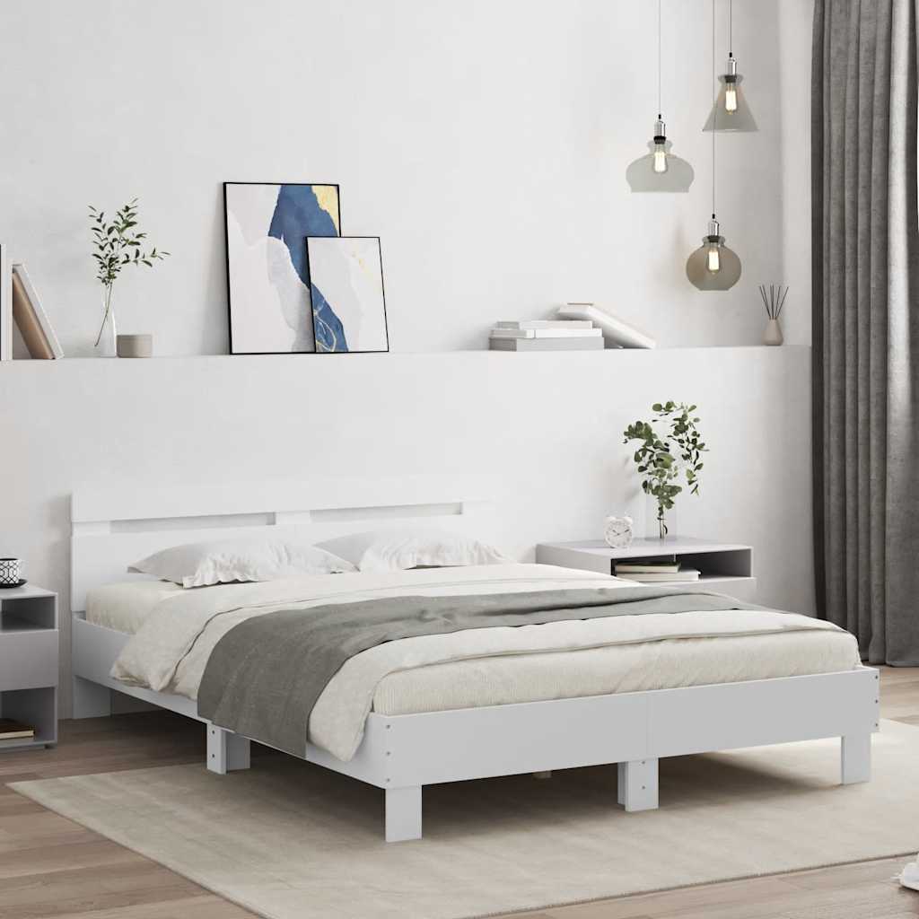 Estrutura de cama c/ cabeceira e luzes LED 150x200 cm branco