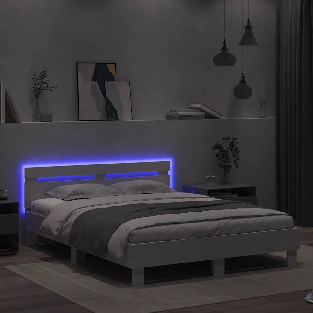 Estrutura de cama c/ cabeceira e luzes LED 150x200 cm branco