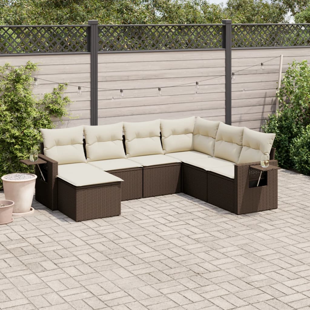 7 Pcs conjunto de sofás jardim c/ almofadões vime PE castanho