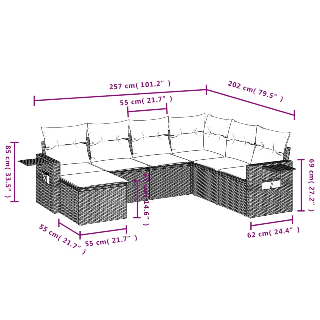 7 Pcs conjunto de sofás jardim c/ almofadões vime PE castanho