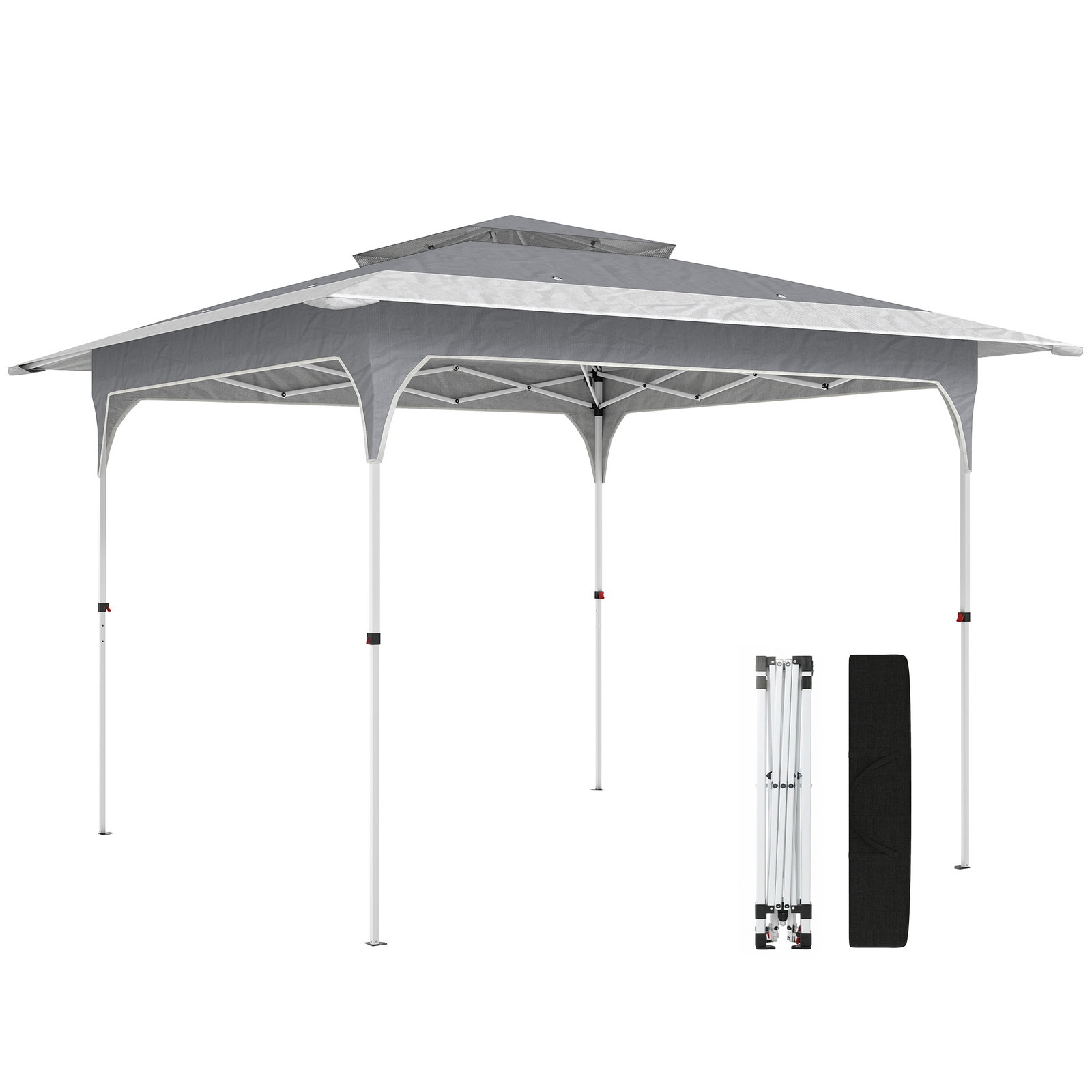 Tenda dobrável 3,5x3,5 m pop-up com altura ajustável 3 níveis teto duplo fecho central e bolsa upf50+ cinzento