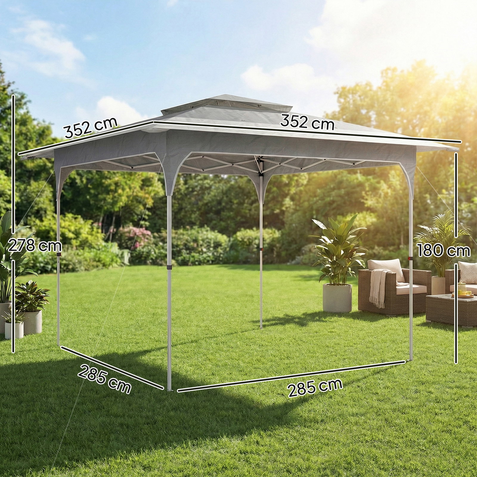 Tenda dobrável 3,5x3,5 m pop-up com altura ajustável 3 níveis teto duplo fecho central e bolsa upf50+ cinzento