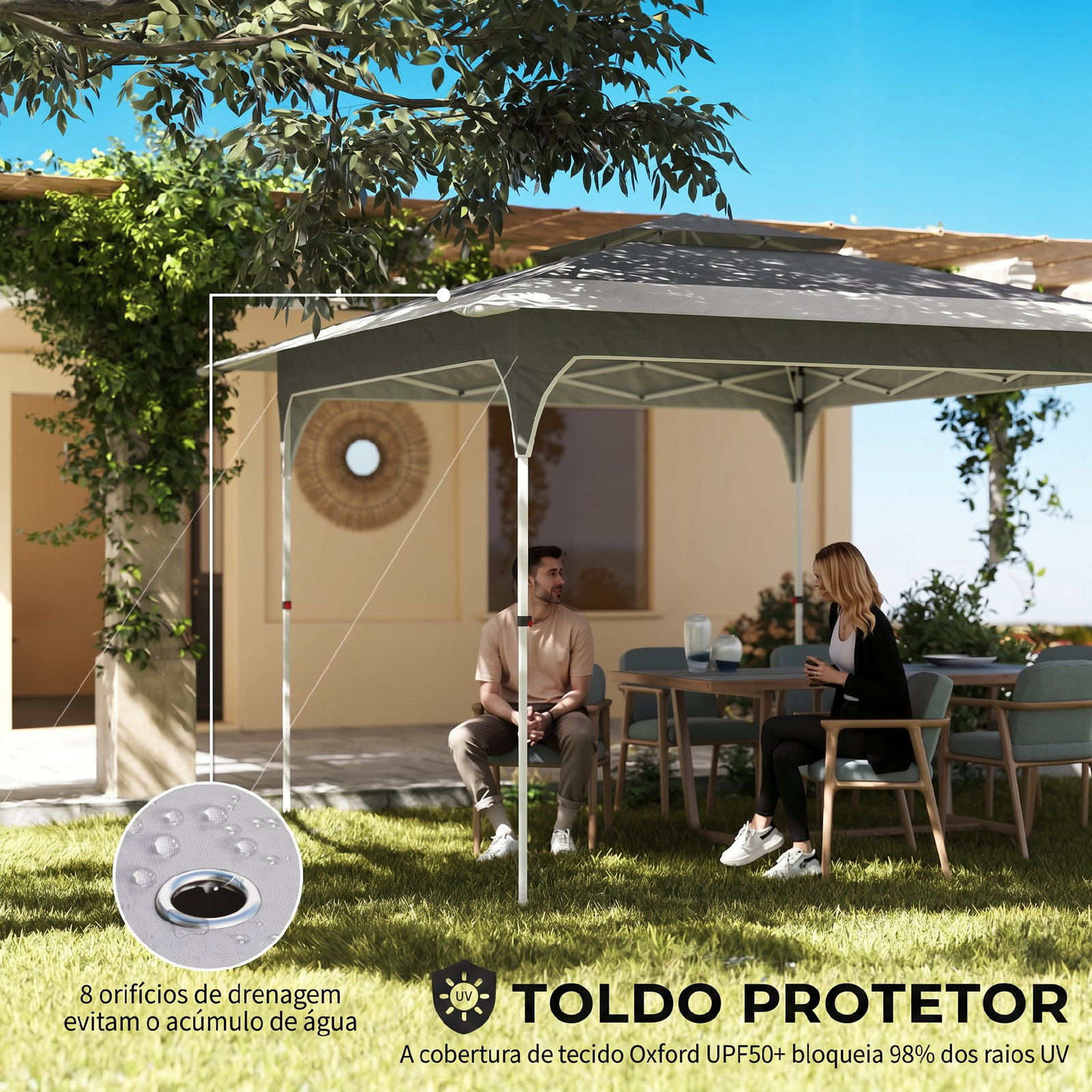 Tenda dobrável 3,5x3,5 m pop-up com altura ajustável 3 níveis teto duplo fecho central e bolsa upf50+ cinzento
