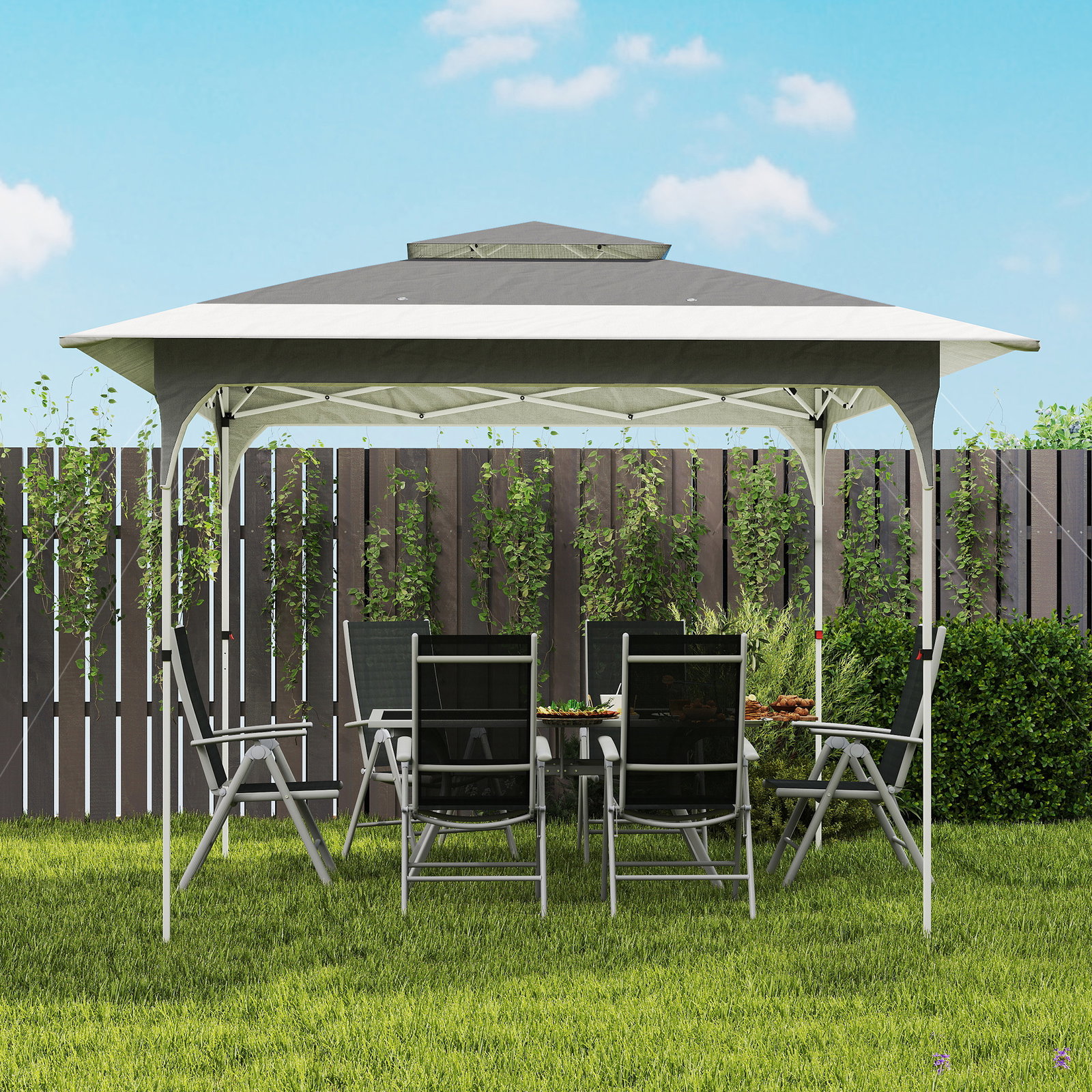 Tenda dobrável 3,5x3,5 m pop-up com altura ajustável 3 níveis teto duplo fecho central e bolsa upf50+ cinzento