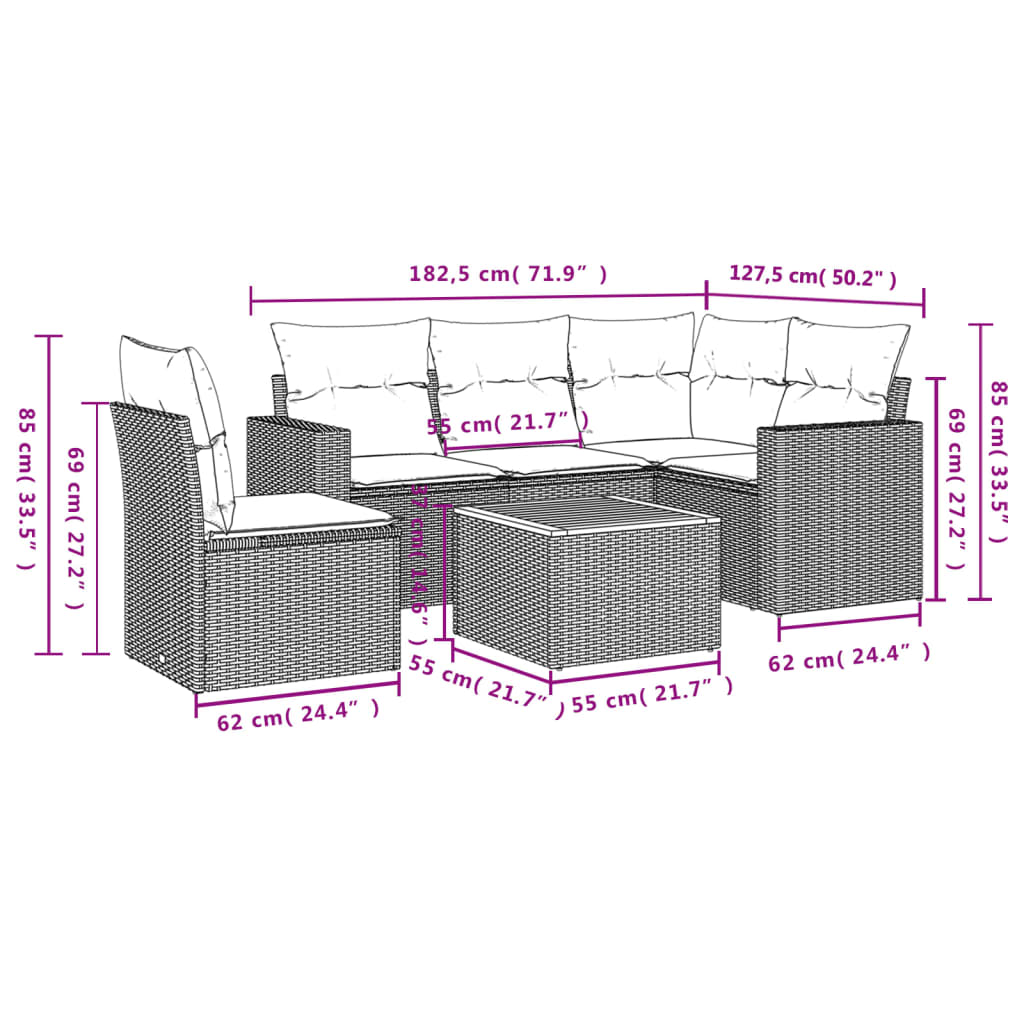 6 Pcs conjunto de sofás p/ jardim com almofadões vime PE bege
