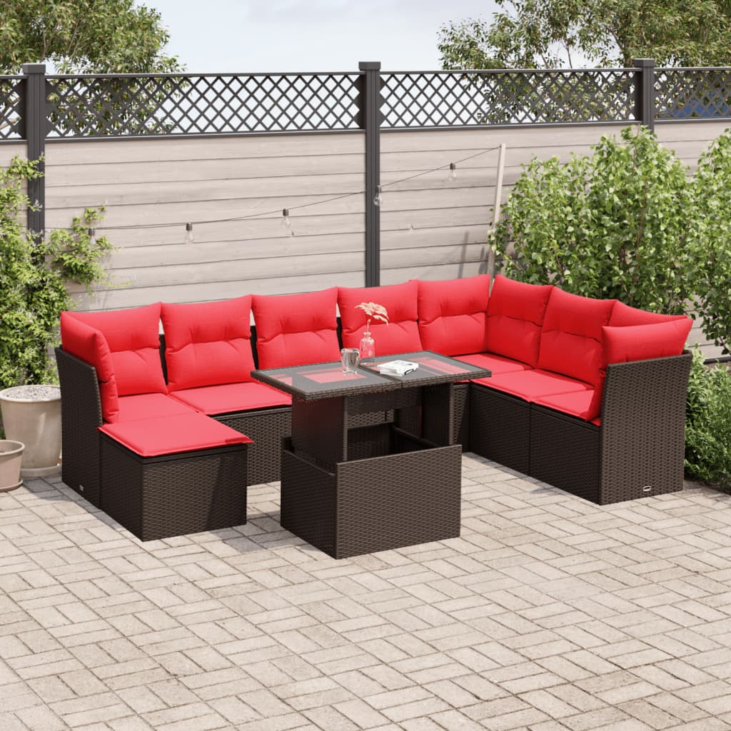 Conjunto de sofá de jardim com 9 peças e almofadas em rattan sintético marrom