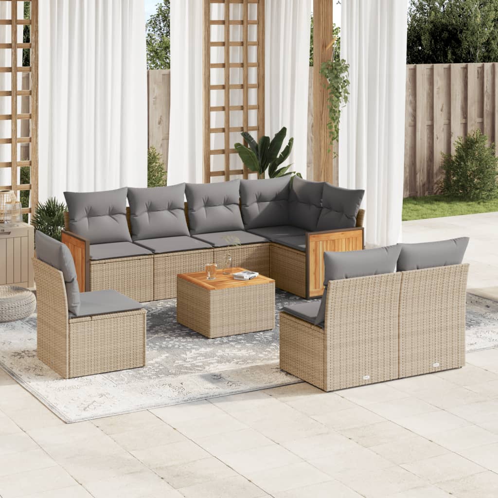 9 Pcs conjunto de sofás p/ jardim com almofadões vime PE bege