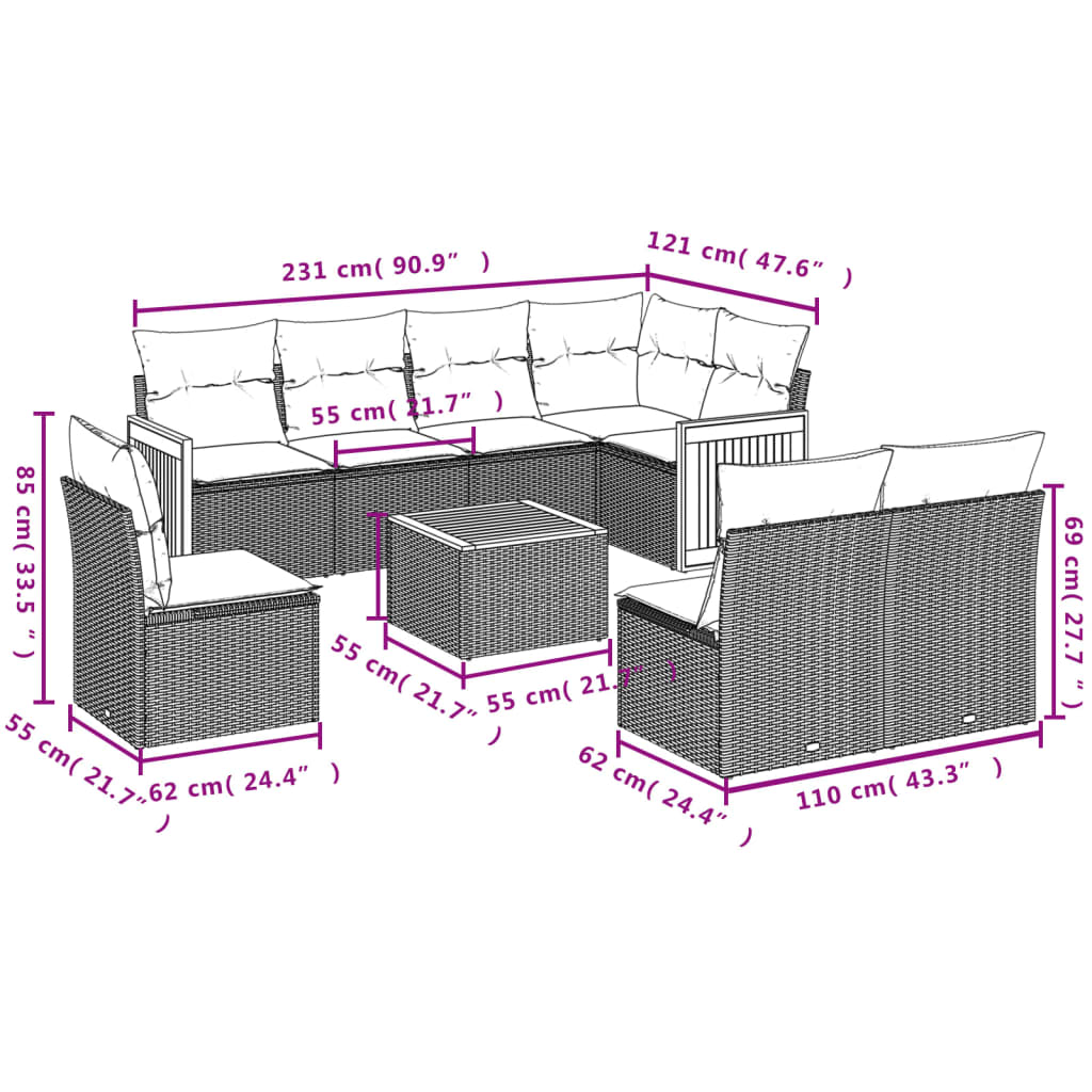 9 Pcs conjunto de sofás p/ jardim com almofadões vime PE bege