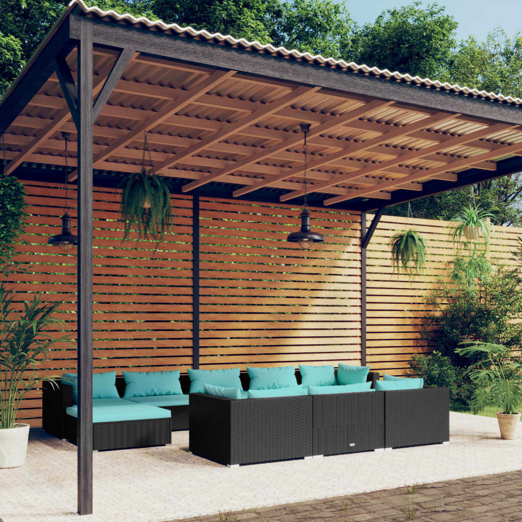 10 Pcs conjunto lounge de jardim c/ almofadões vime PE preto