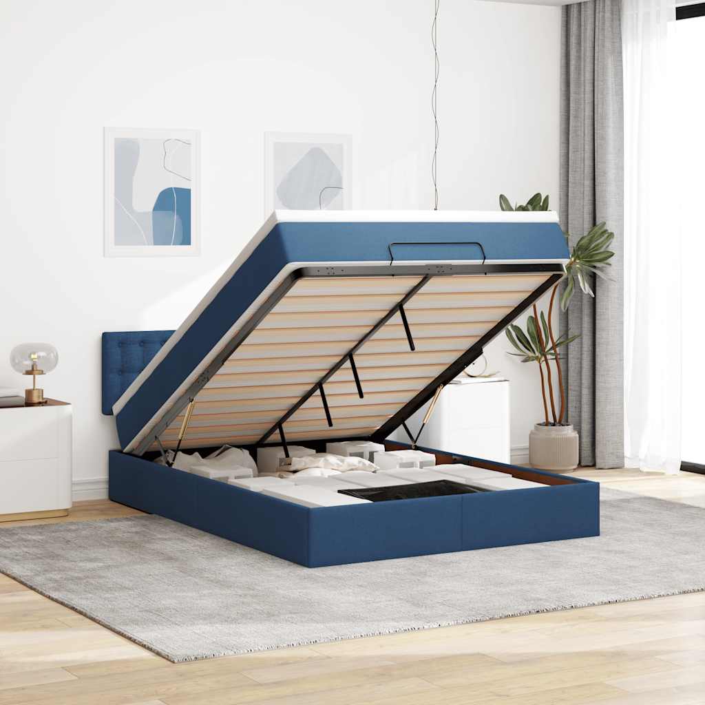 Cama otomana com colchão 140x190 cm tecido azul
