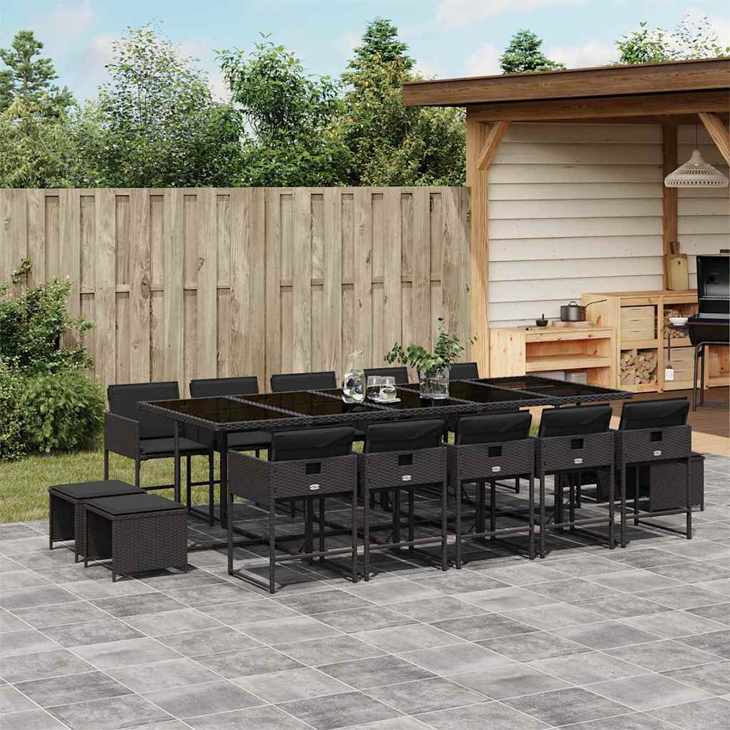 15 Pcs conjunto de jantar p/jardim com almofadões vime PE preto