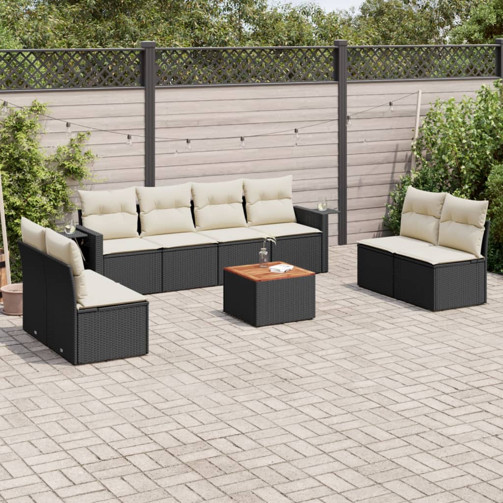9 Pcs conjunto de sofás p/ jardim c/ almofadões vime PE preto