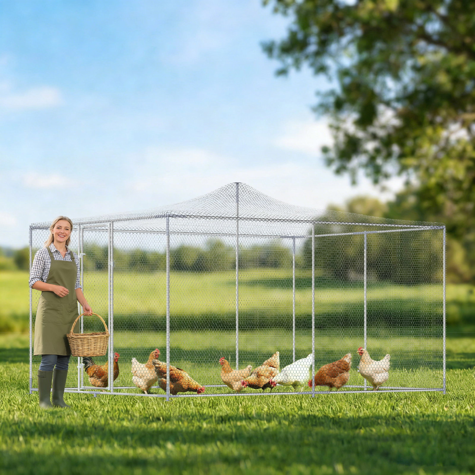 Galinheiro para exterior grande 400x300x197 cm 12 m² galinheiro de aço galvanizado com porta com fecho duplo prateado