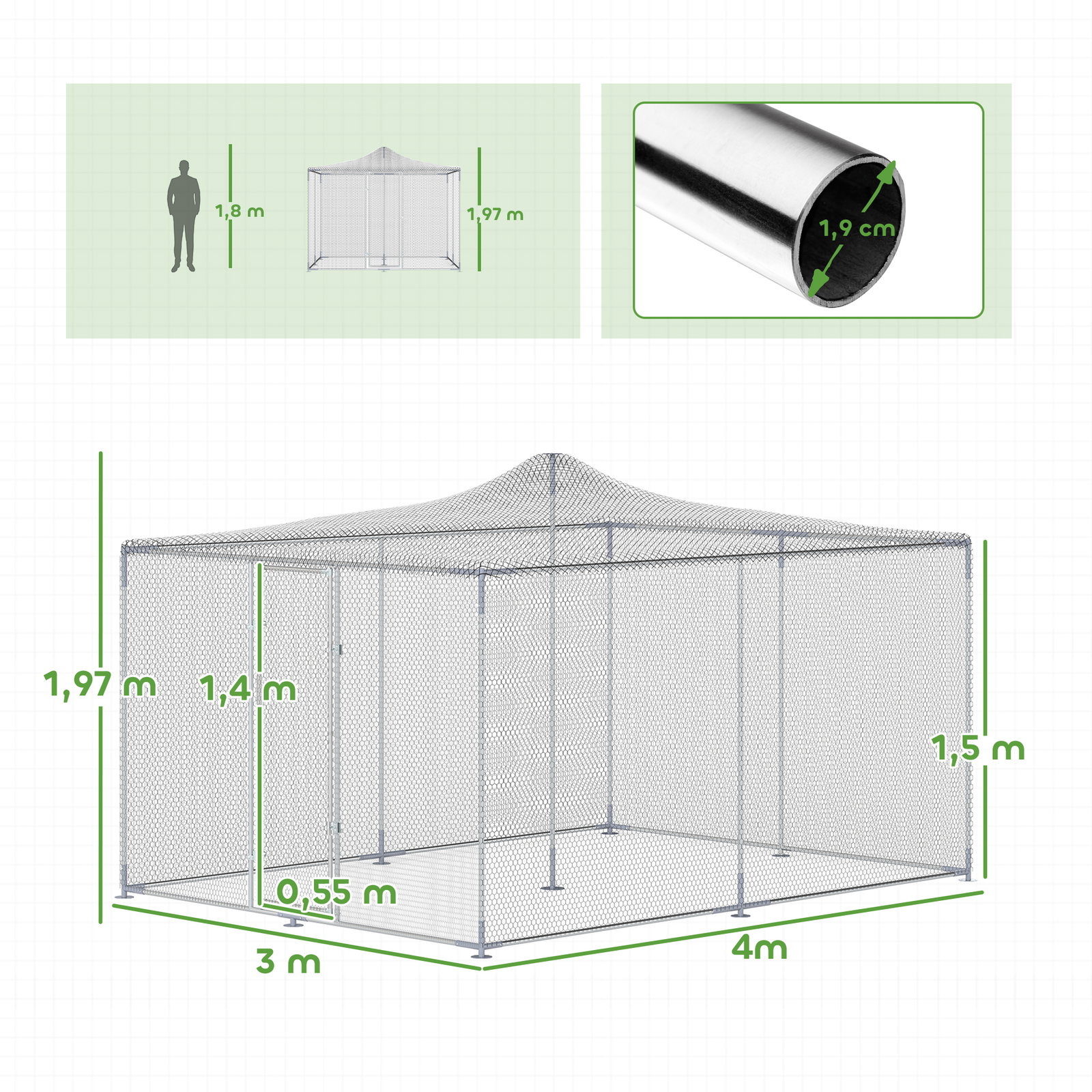 Galinheiro para exterior grande 400x300x197 cm 12 m² galinheiro de aço galvanizado com porta com fecho duplo prateado