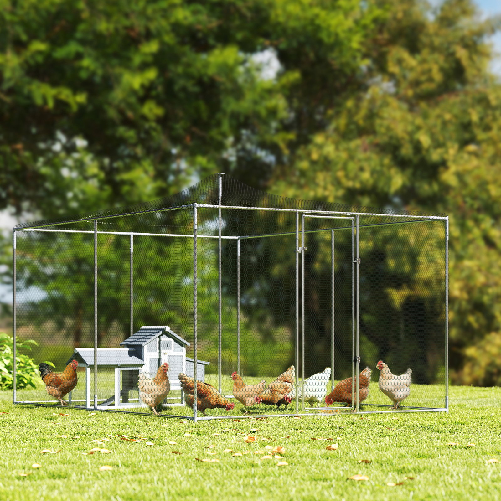 Galinheiro para exterior grande 400x300x197 cm 12 m² galinheiro de aço galvanizado com porta com fecho duplo prateado