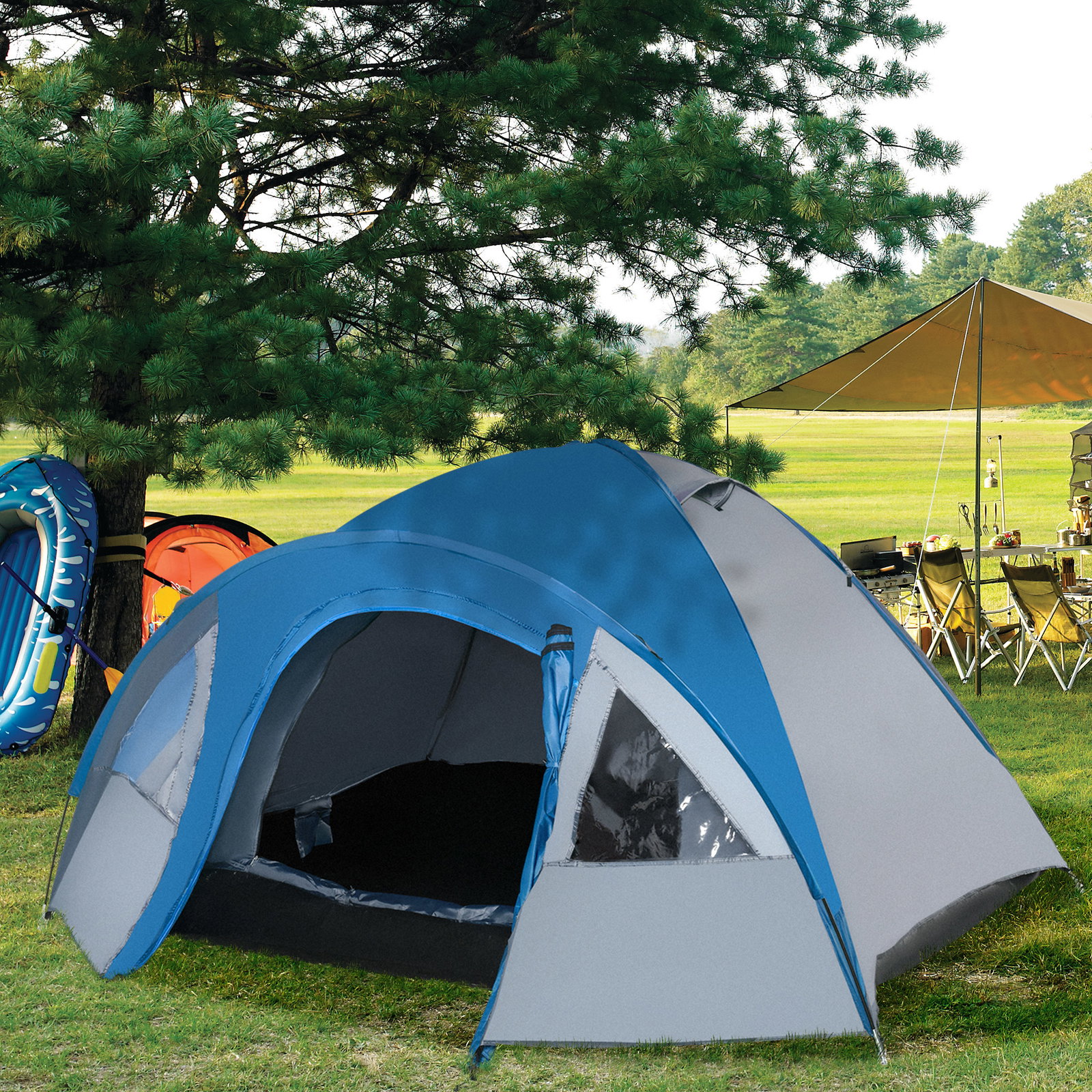 Tenda de campismo para 2-3 pessoas tenda de campismo com janelas 2 bolsos e bolsa de transporte 300x250x130 cm cinza e azul