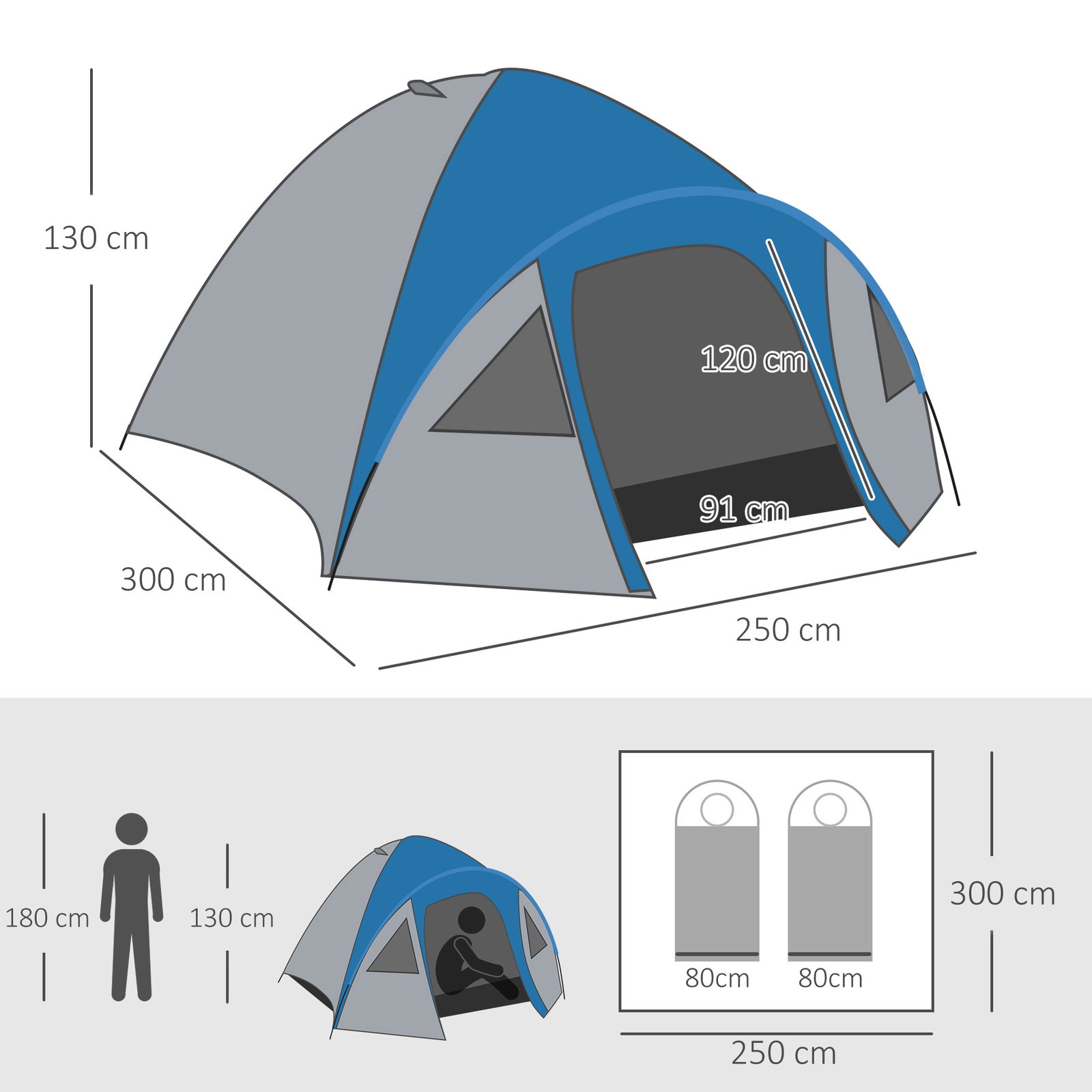Tenda de campismo para 2-3 pessoas tenda de campismo com janelas 2 bolsos e bolsa de transporte 300x250x130 cm cinza e azul