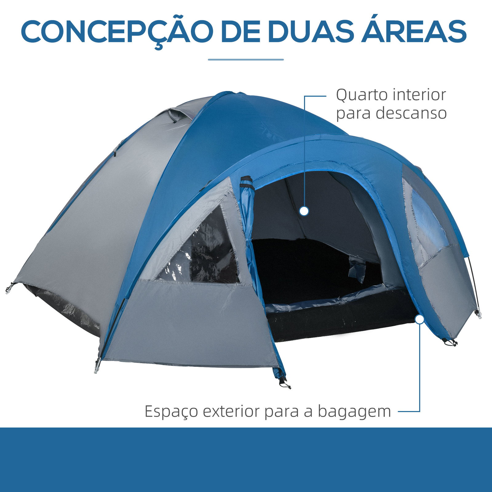 Tenda de campismo para 2-3 pessoas tenda de campismo com janelas 2 bolsos e bolsa de transporte 300x250x130 cm cinza e azul
