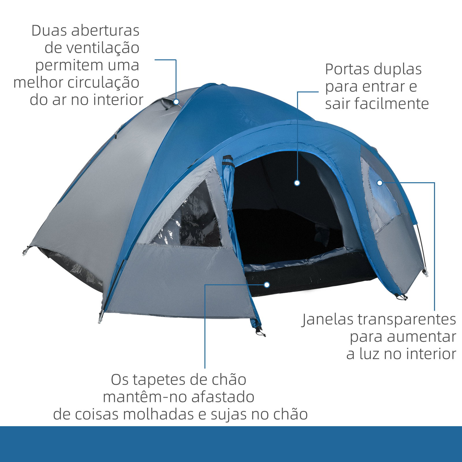 Tenda de campismo para 2-3 pessoas tenda de campismo com janelas 2 bolsos e bolsa de transporte 300x250x130 cm cinza e azul