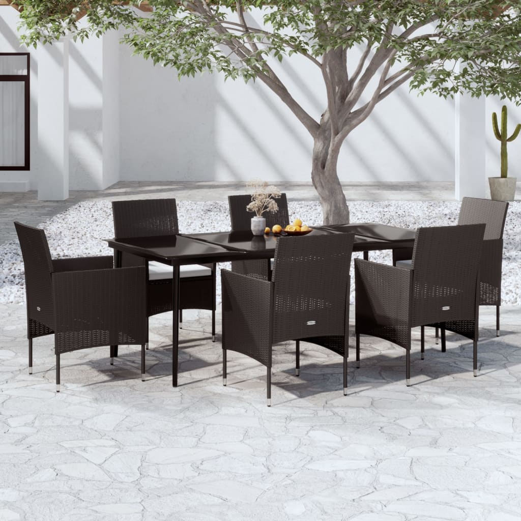 7 Pcs conjunto de jantar para jardim com almofadões preto