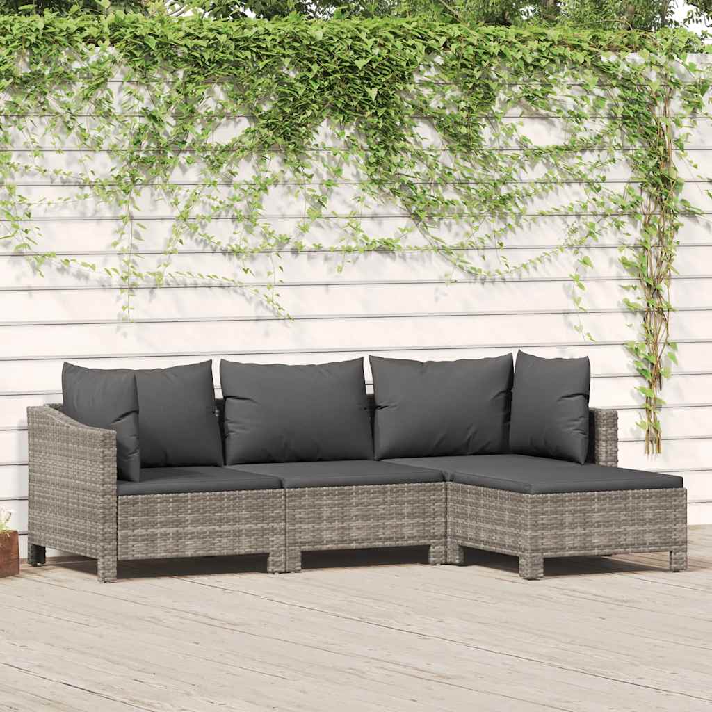 4 Pcs conjunto lounge de jardim c/ almofadões vime PE cinzento