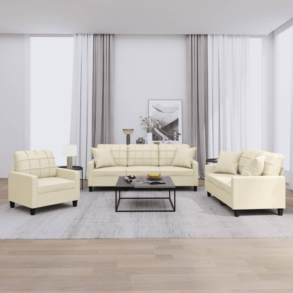 3 Pcs conjunto de sofás com almofadas couro artificial creme