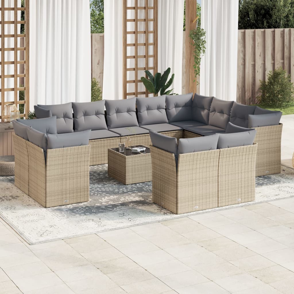 13 Pcs conjunto de sofás p/ jardim com almofadões vime PE bege