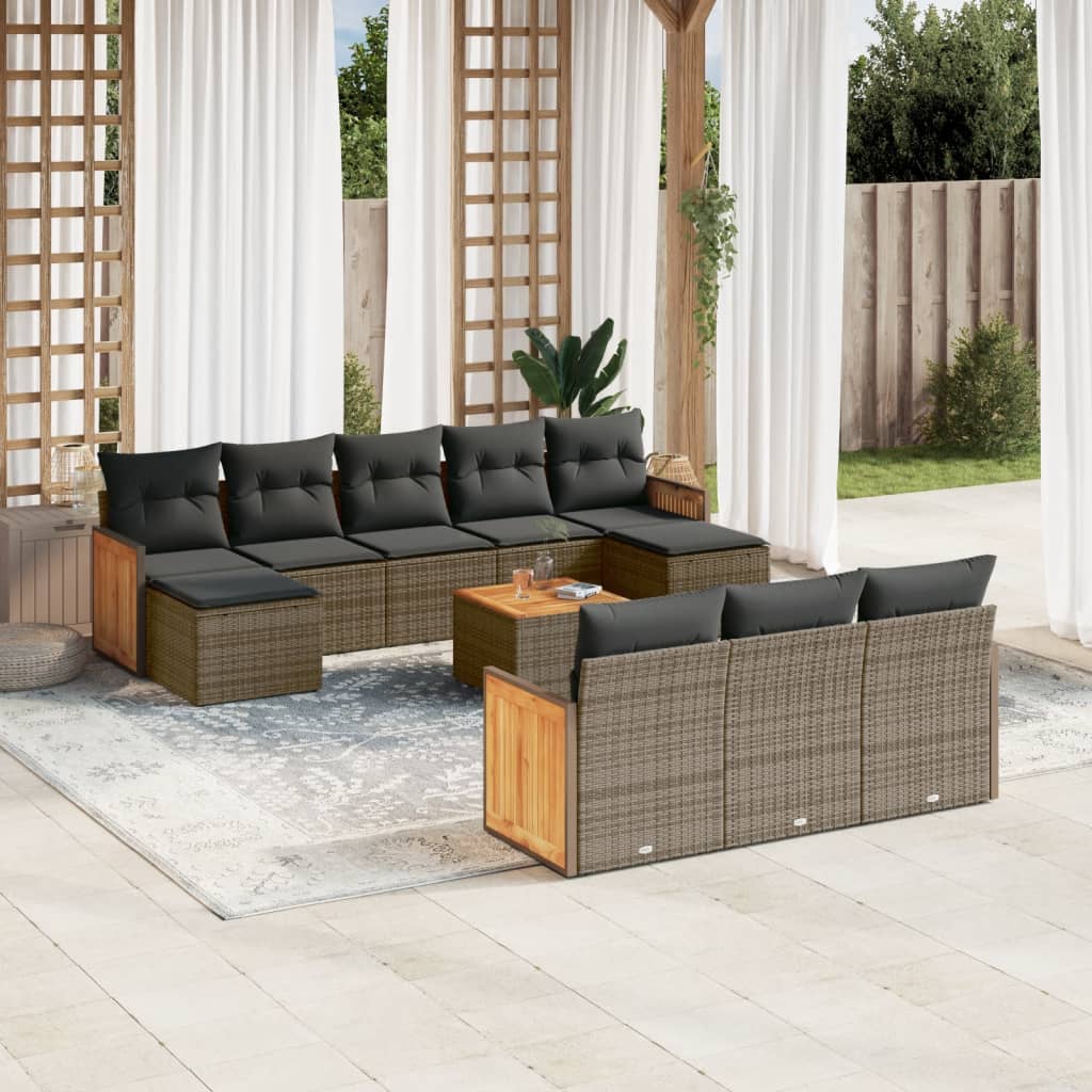 11 Pcs conjunto sofás de jardim c/ almofadões vime PE cinzento