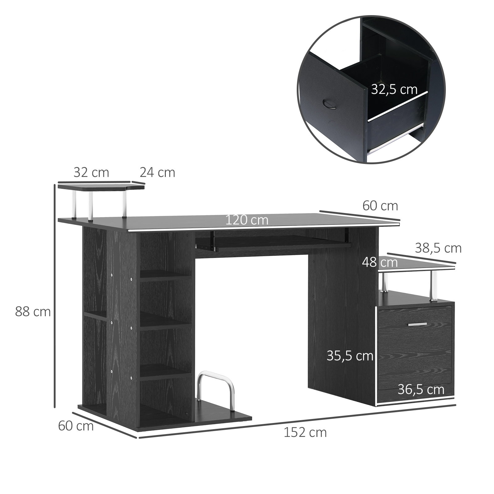 Secretária para escritório de madeira MDF 152x60x88 cm preto