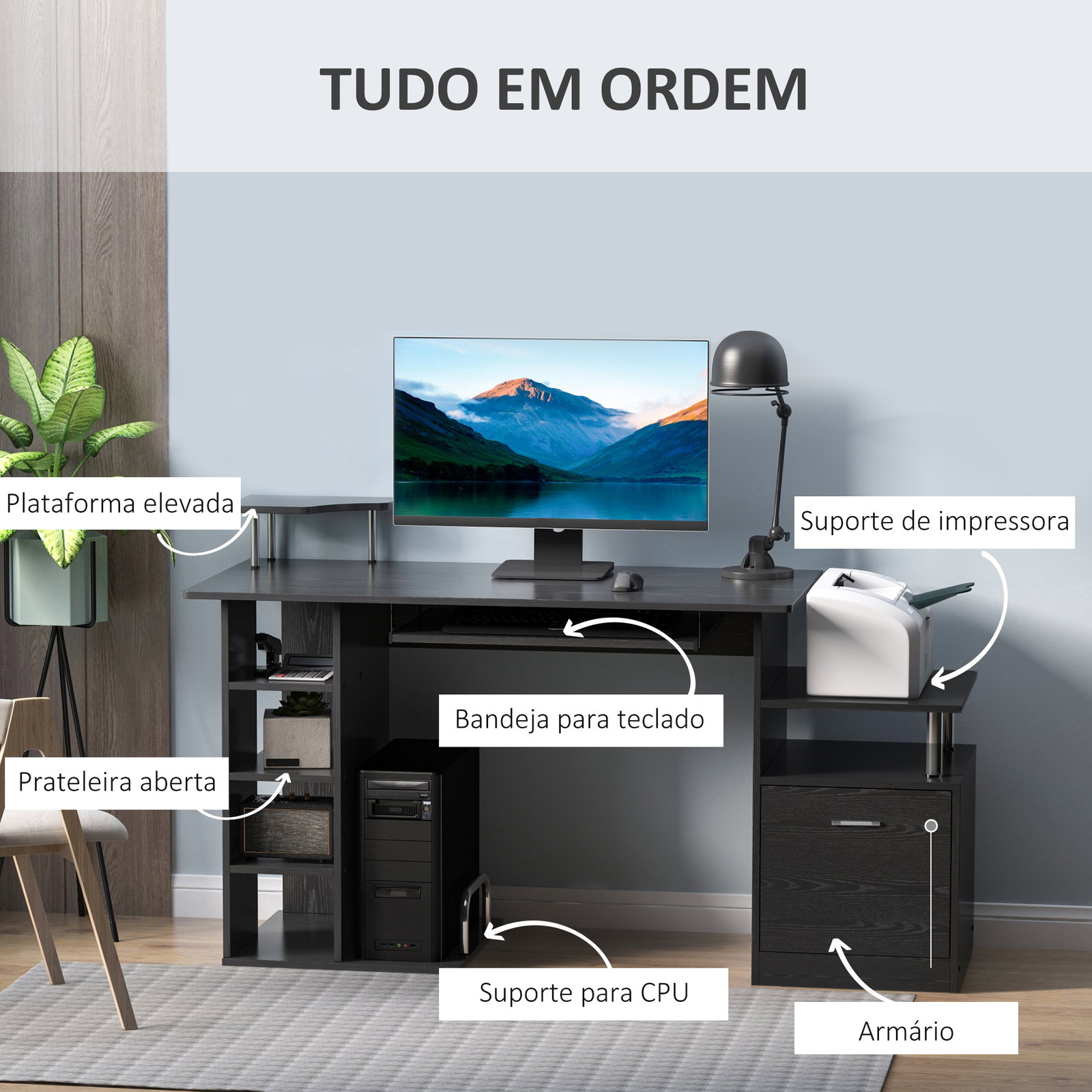 Secretária para escritório de madeira MDF 152x60x88 cm preto