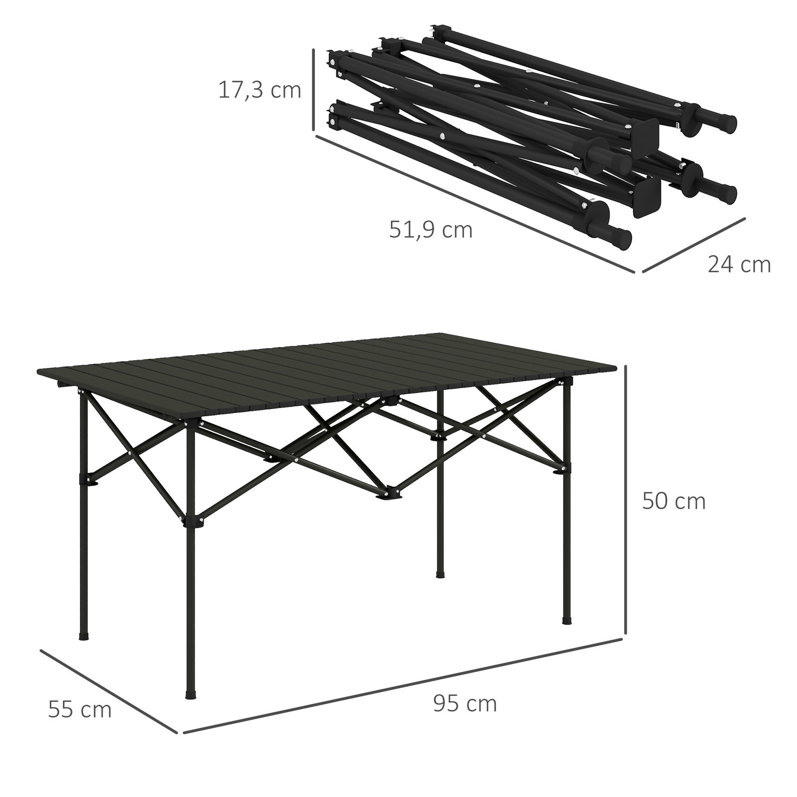 Mesa de campismo dobrável de metal com tampo enrolável e bolsa de transporte mesa de piquenique portátil 95x55x50 cm preto