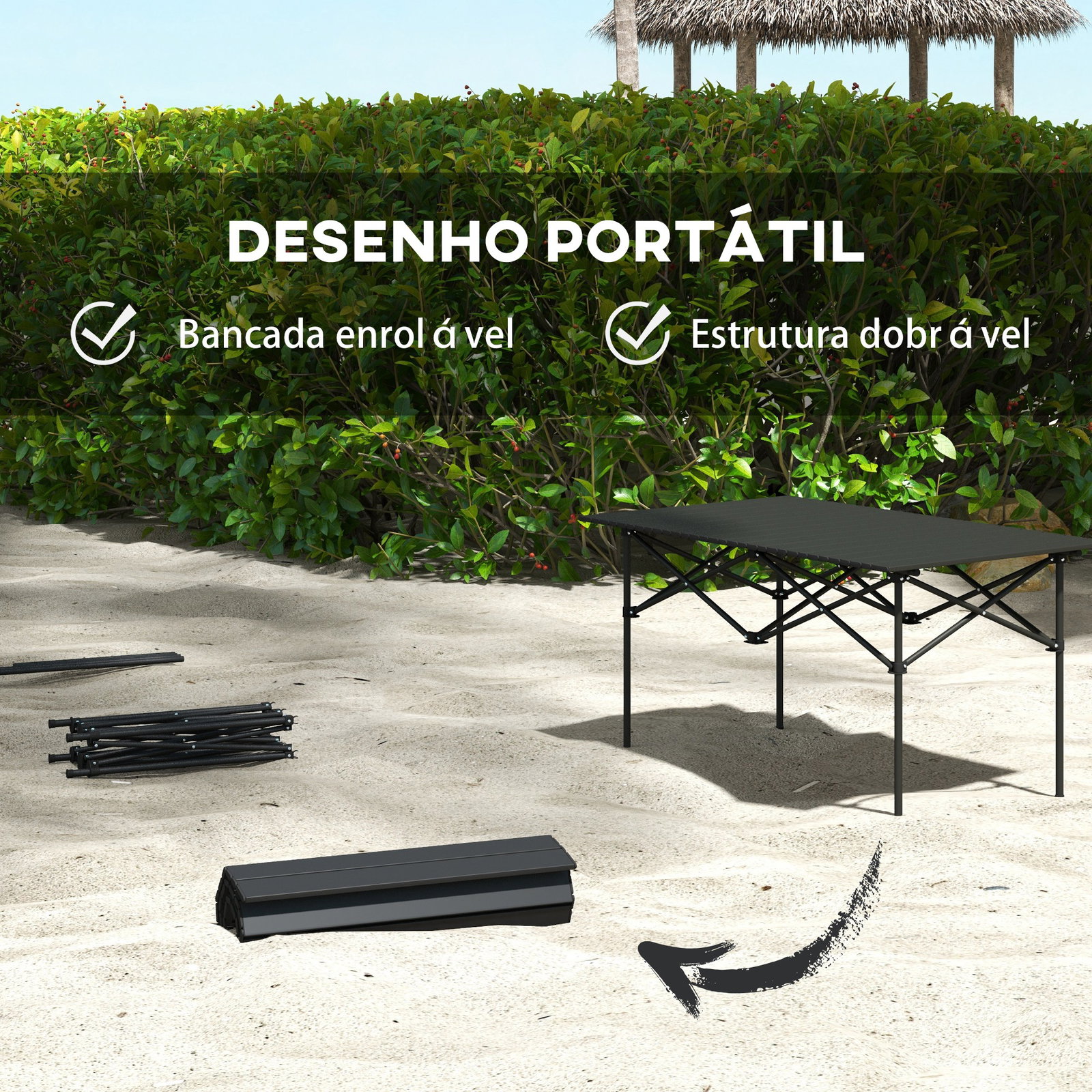 Mesa de campismo dobrável de metal com tampo enrolável e bolsa de transporte mesa de piquenique portátil 95x55x50 cm preto