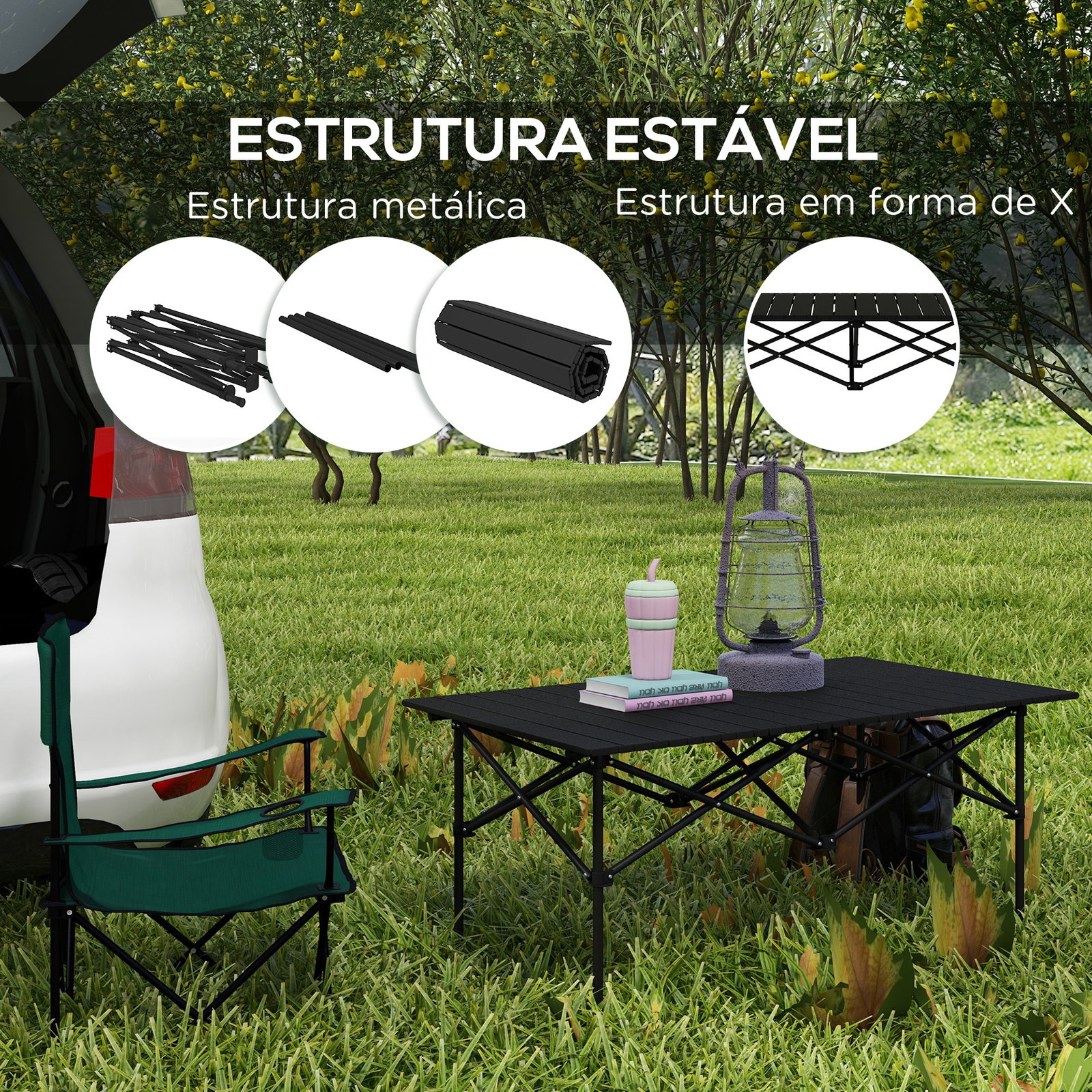 Mesa de campismo dobrável de metal com tampo enrolável e bolsa de transporte mesa de piquenique portátil 95x55x50 cm preto