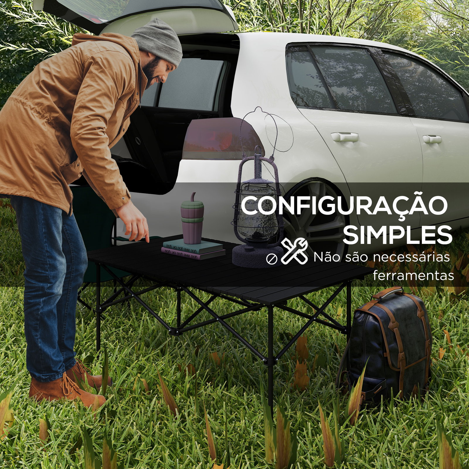 Mesa de campismo dobrável de metal com tampo enrolável e bolsa de transporte mesa de piquenique portátil 95x55x50 cm preto